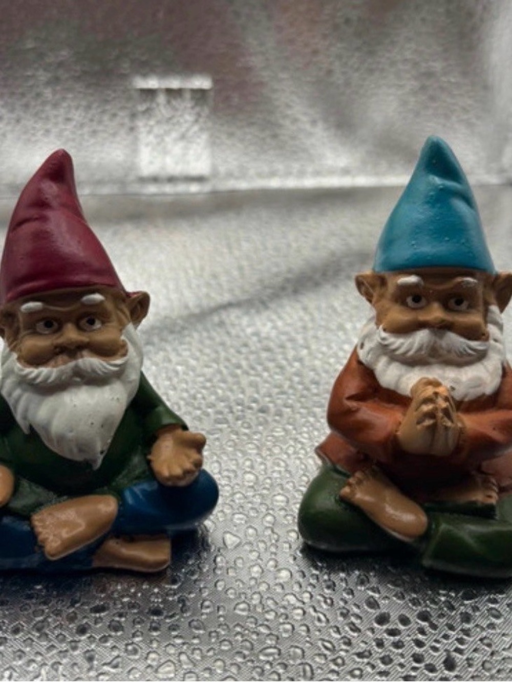 Whimsical Garden Gnome Figurines — Blue & Magenta Hats